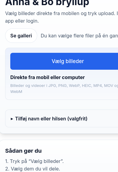 DelMinder gæsteupload på mobil med knap til at vælge billeder
